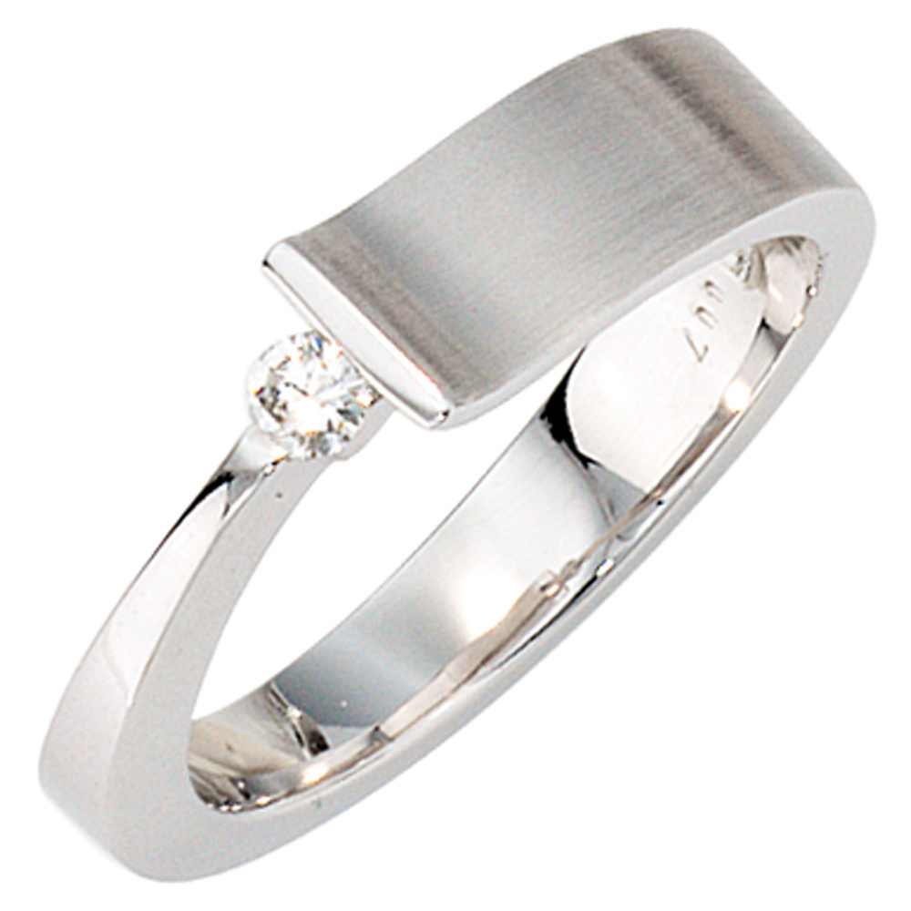 Damen Ring 585 Gold Weißgold teilmatt 1 Diamant Brillant 0,07ct. Weißgoldring - 54mm