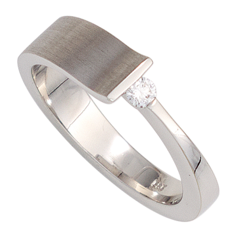 Damen Ring 585 Gold Weißgold teilmatt 1 Diamant Brillant 0,07ct. Weißgoldring - 54mm