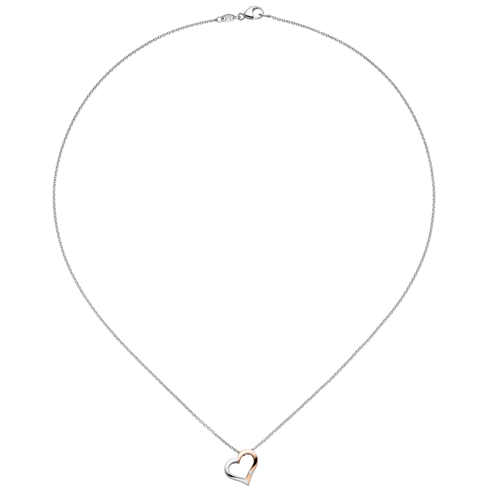 Collier Kette mit Anhänger Herz 585 Gold bicolor 1 Diamant Brillant 42 cm