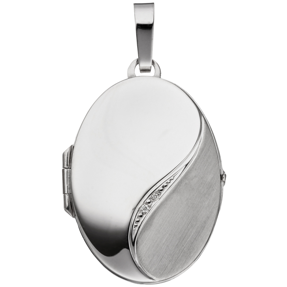Medaillon oval 585 Gold Weißgold mattiert 2 Diamanten Anhänger zum Öffnen
