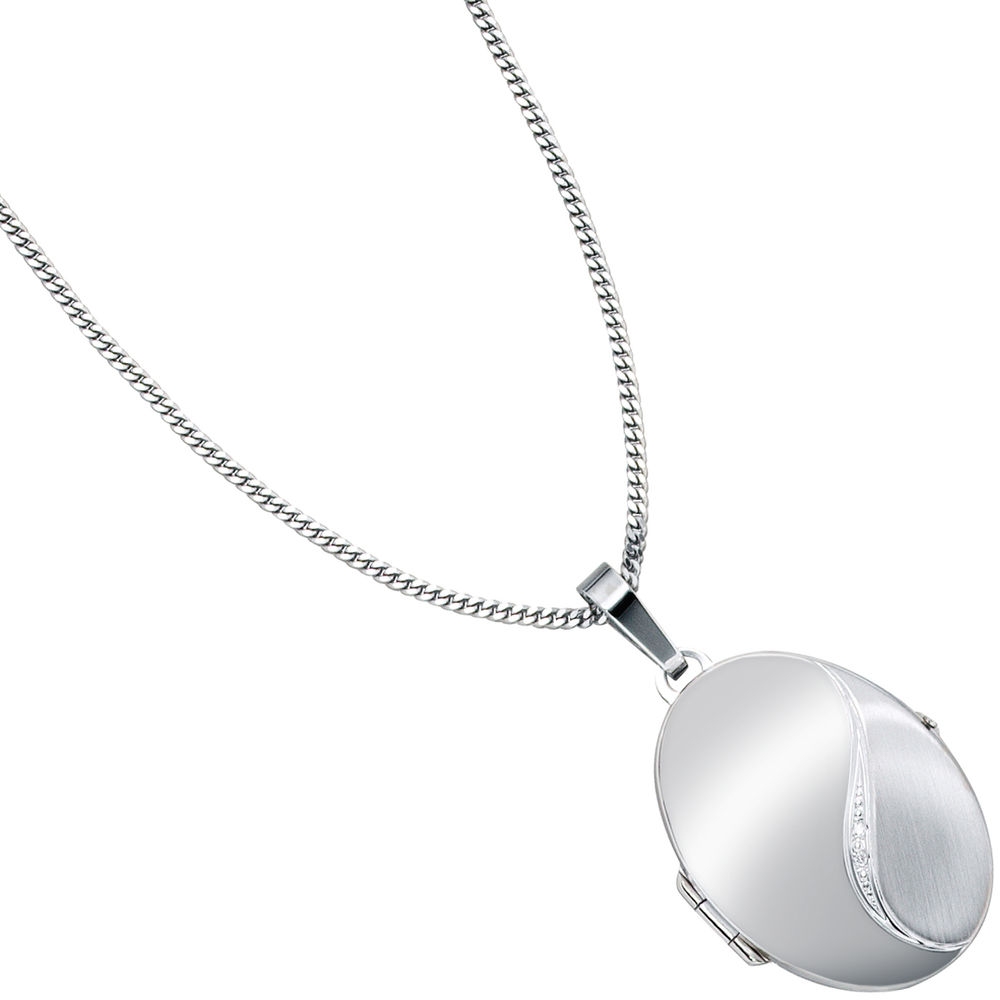 Medaillon oval 585 Gold Weißgold mattiert 2 Diamanten Anhänger zum Öffnen