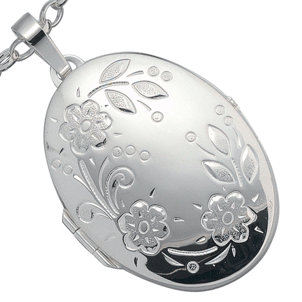 Medaillon oval Blumen für 2 Fotos 925 Sterling Silber Anhänger zum Öffnen