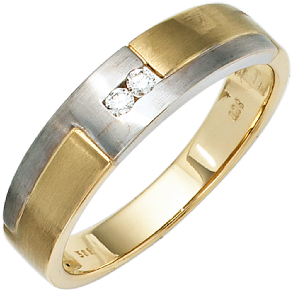 Herren Ring 585 Gold Gelbgold Weißgold mattiert 2 Diamanten Brillanten Goldring - 66mm