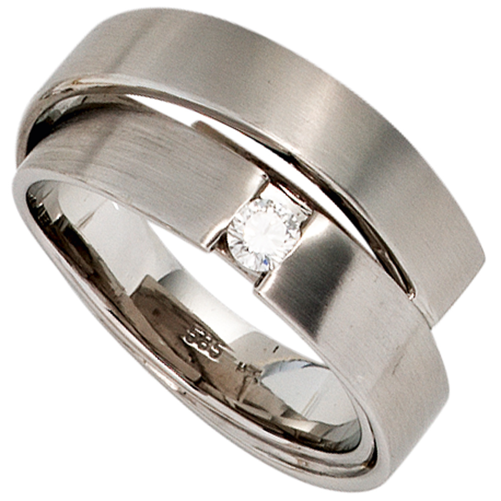 Damen Ring 585 Gold Weißgold matt 1 Diamant Brillant 0,12ct. Weißgoldring - 60mm