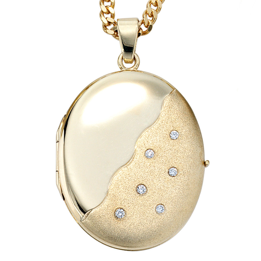 Medaillon oval 585 Gold Gelbgold mattiert 6 Diamanten Anhänger zum Öffnen