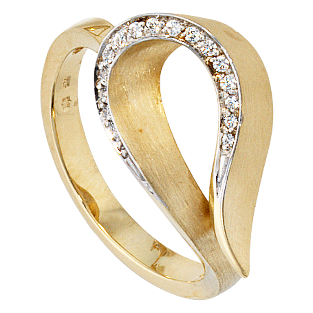 Damen Ring 585 Gold Gelbgold bicolor teilmatt 16 Diamanten Brillanten Goldring - 56mm