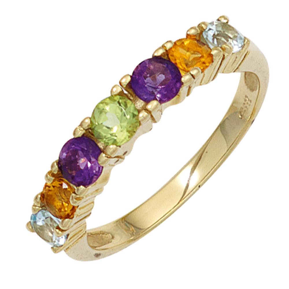 Damen Ring 333 Gold Gelbgold 2 Amethyste 2 Citrine 1 Peridot 2 Blautopase - 52mm