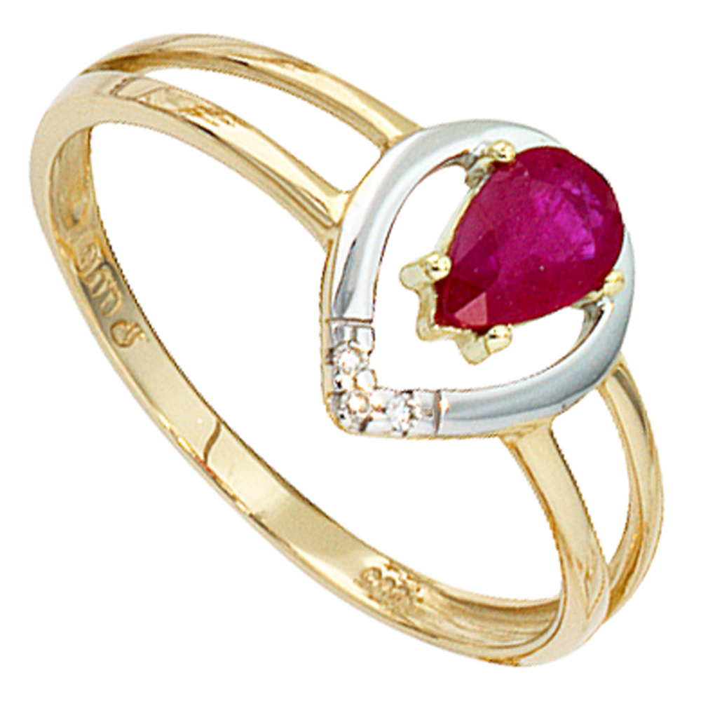 Damen Ring 585 Gold Gelbgold bicolor 1 Rubin rot 3 Diamanten Brillanten - 52mm