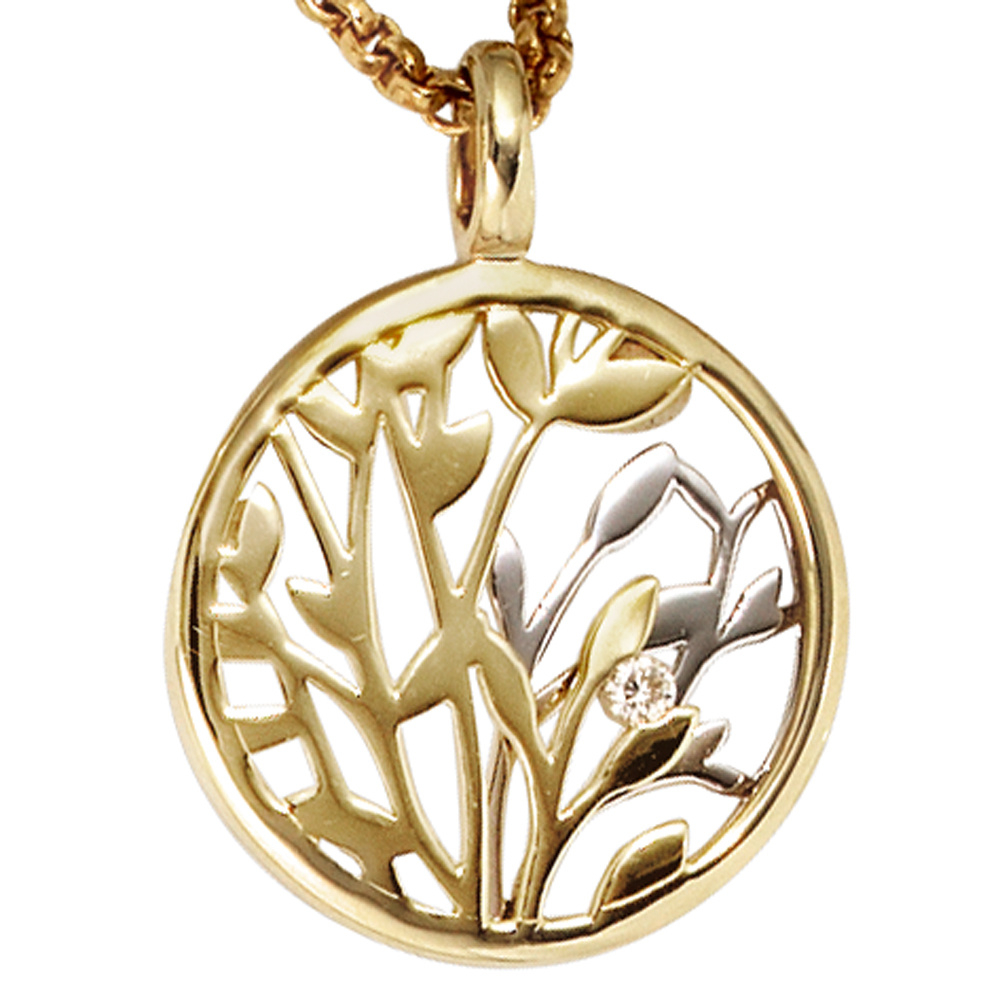 Anhänger rund 585 Gold Gelbgold Weißgold bicolor 1 Diamant Brillant 0,02ct.