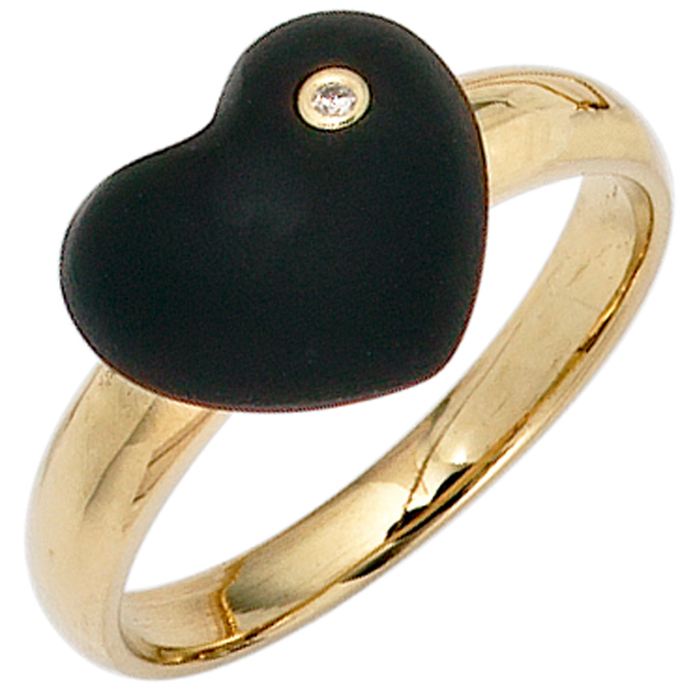 Damen Ring Herz 585 Gold Gelbgold 1 Onyx schwarz 1 Diamant Brillant Goldring - 56mm