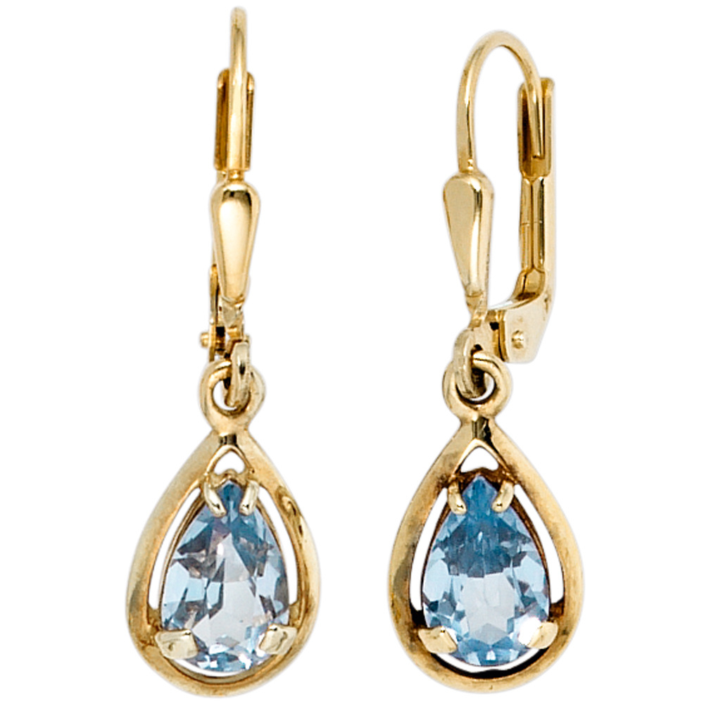 Boutons Tropfen 333 Gold Gelbgold 2 Spinelle hellblau blau Ohrringe Ohrhänger