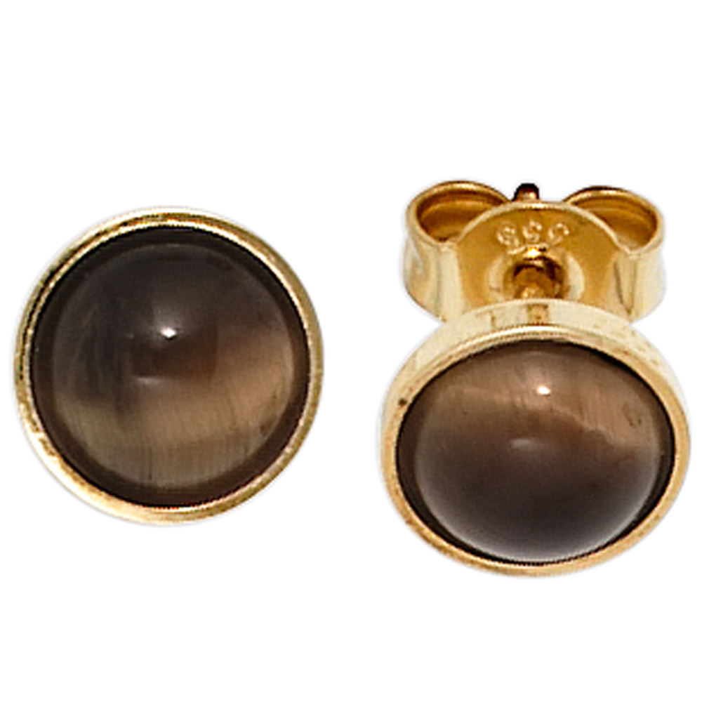 Ohrstecker rund 333 Gold Gelbgold 2 Tigeraugen braun Ohrringe Goldohrstecker