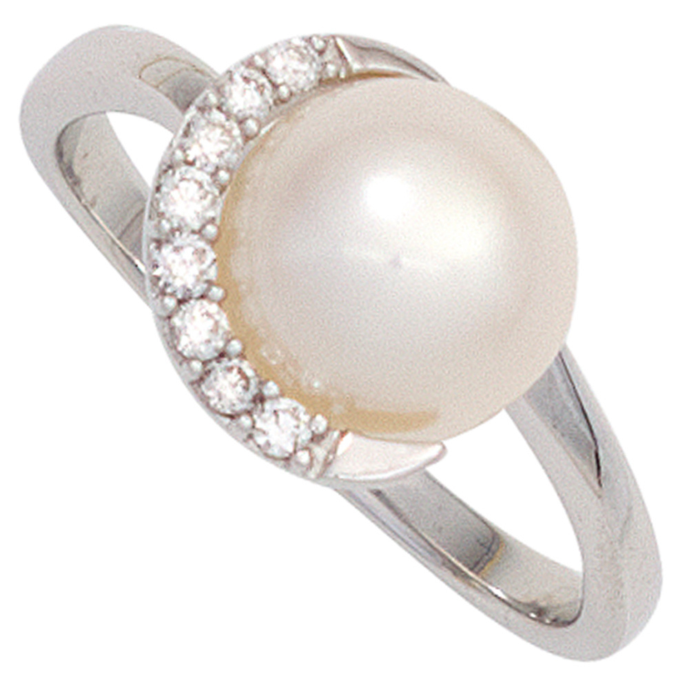 Damen Ring 585 Gold Weißgold 1 Süßwasser Perle 8 Diamanten Brillanten Goldring - 58mm