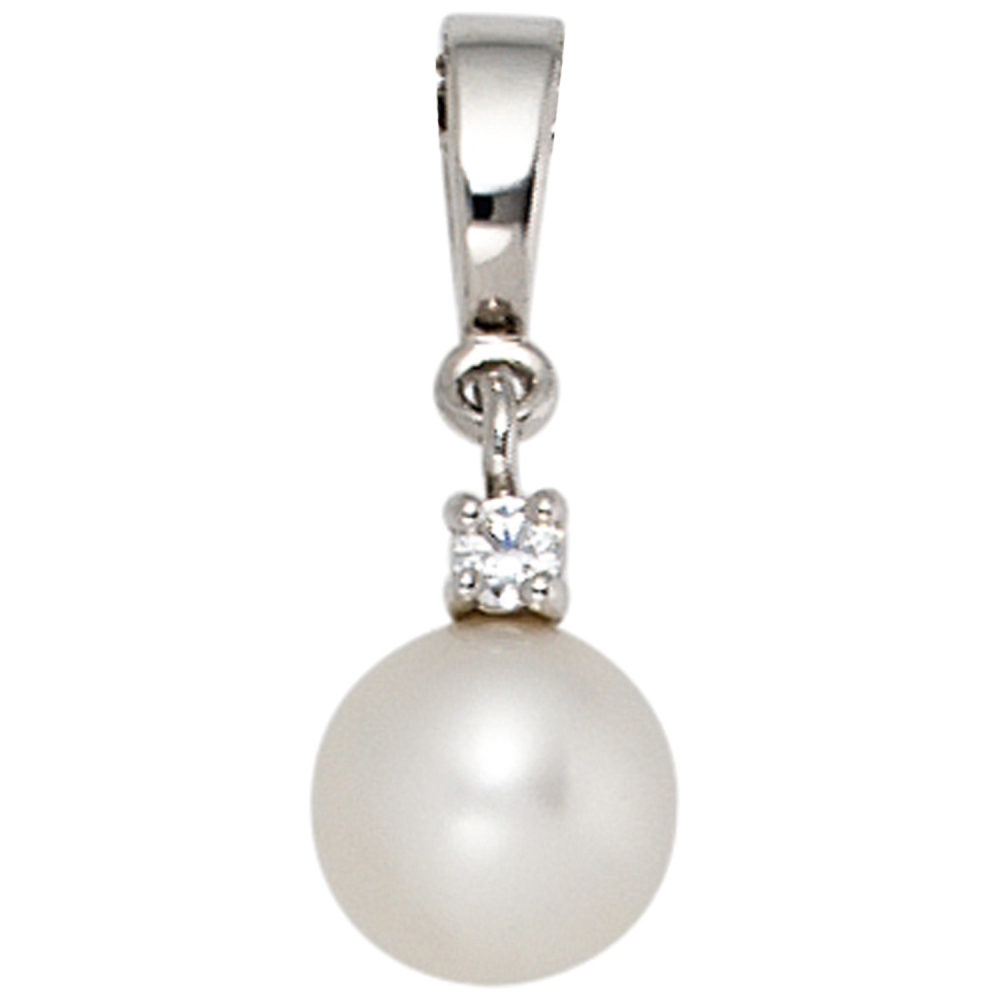 Anhänger 585 Gold Weißgold 1 Süßwasser Perle 1 Diamant Perlenanhänger