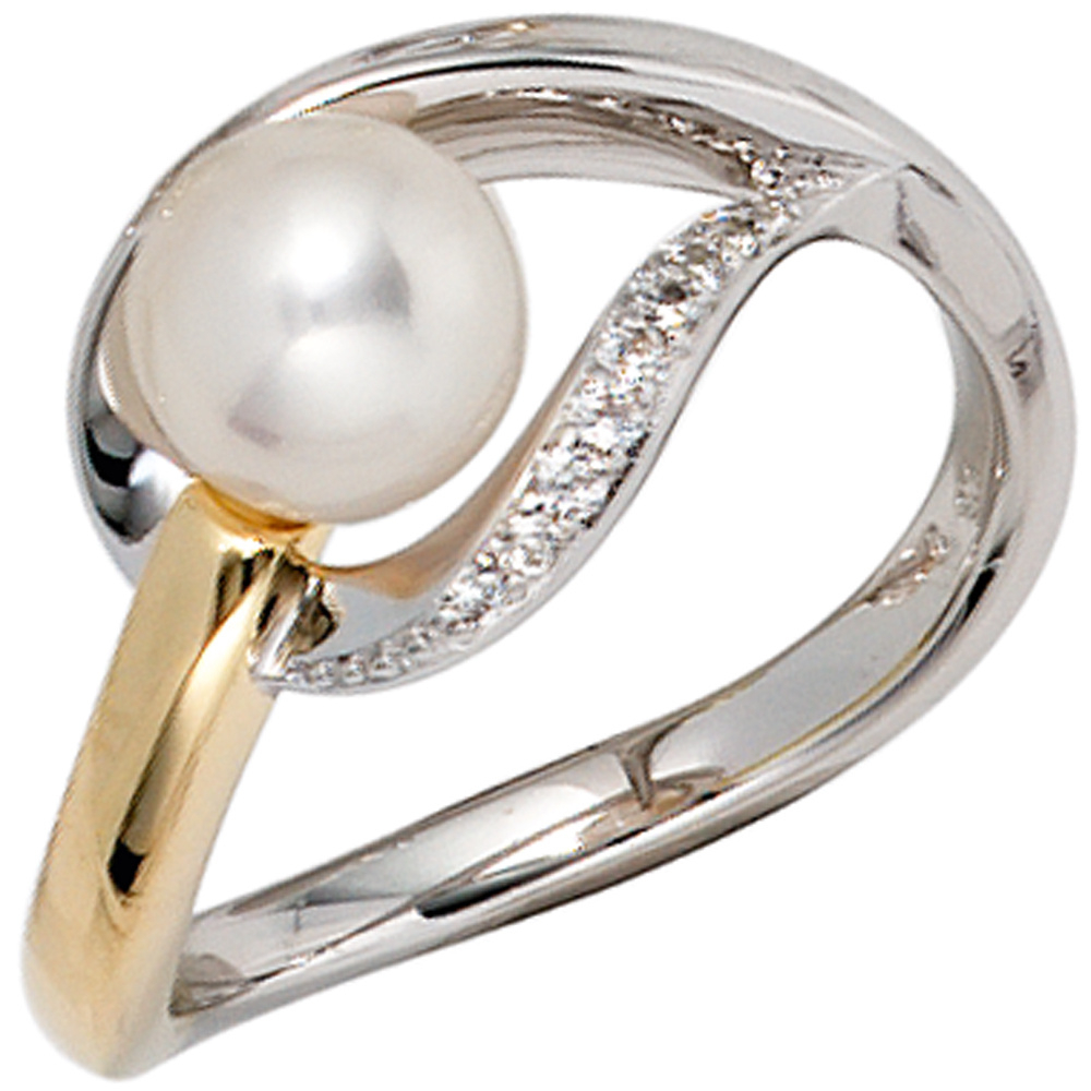 Damen Ring 585 Gold Weißgold Gelbgold bicolor 1 Süßwasser Perle 9 Diamanten - 56mm