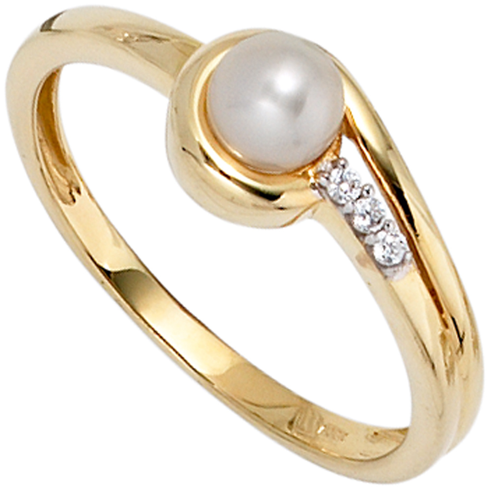 Damen Ring 333 Gold Gelbgold 1 Süßwasser Perle 3 Zirkonia Goldring Perlenring - 60mm