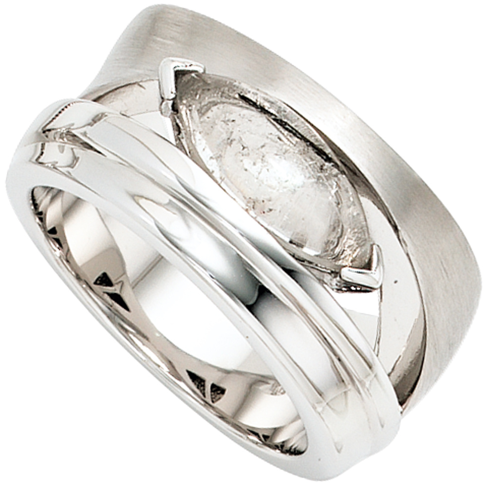 Damen Ring breit 925 Sterling Silber rhodiniert teil matt 1 Turmalinquarz - 58mm