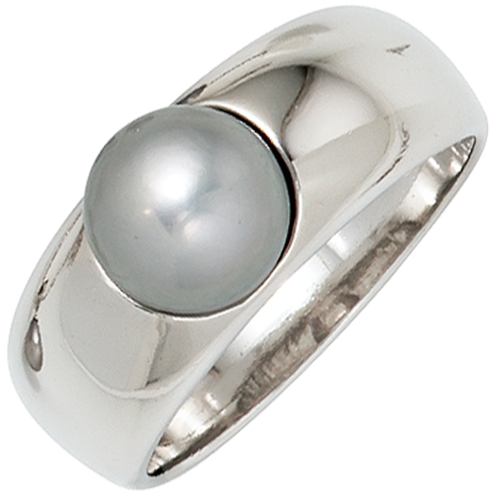 Damen Ring 925 Sterling Silber rhodiniert 1 graue Süßwasser Perle Perlenring - 50mm