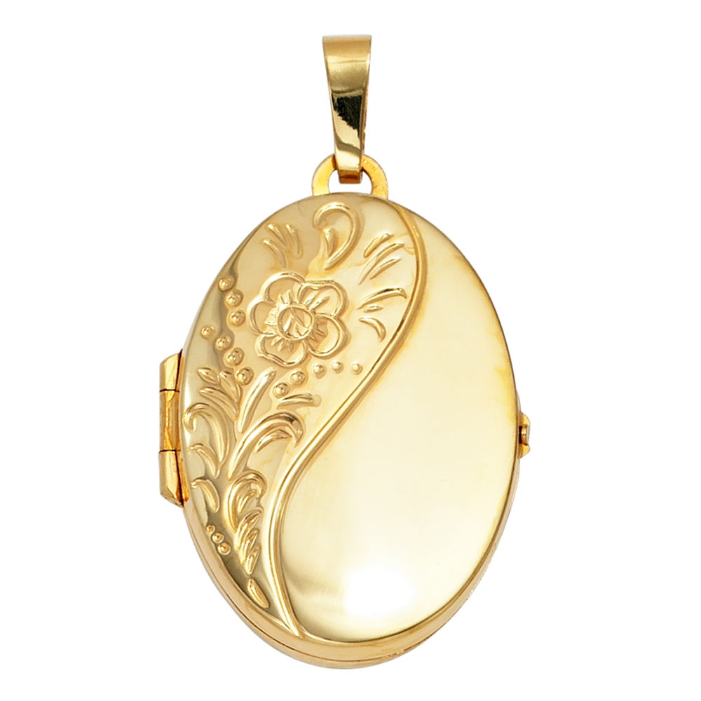 Medaillon oval Blumen 925 Sterling Silber gold vergoldet Anhänger zum Öffnen