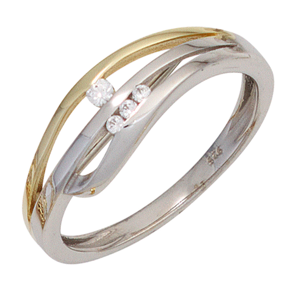 Damen Ring 925 Sterling Silber bicolor vergoldet 4 Zirkonia Silberring - 52mm