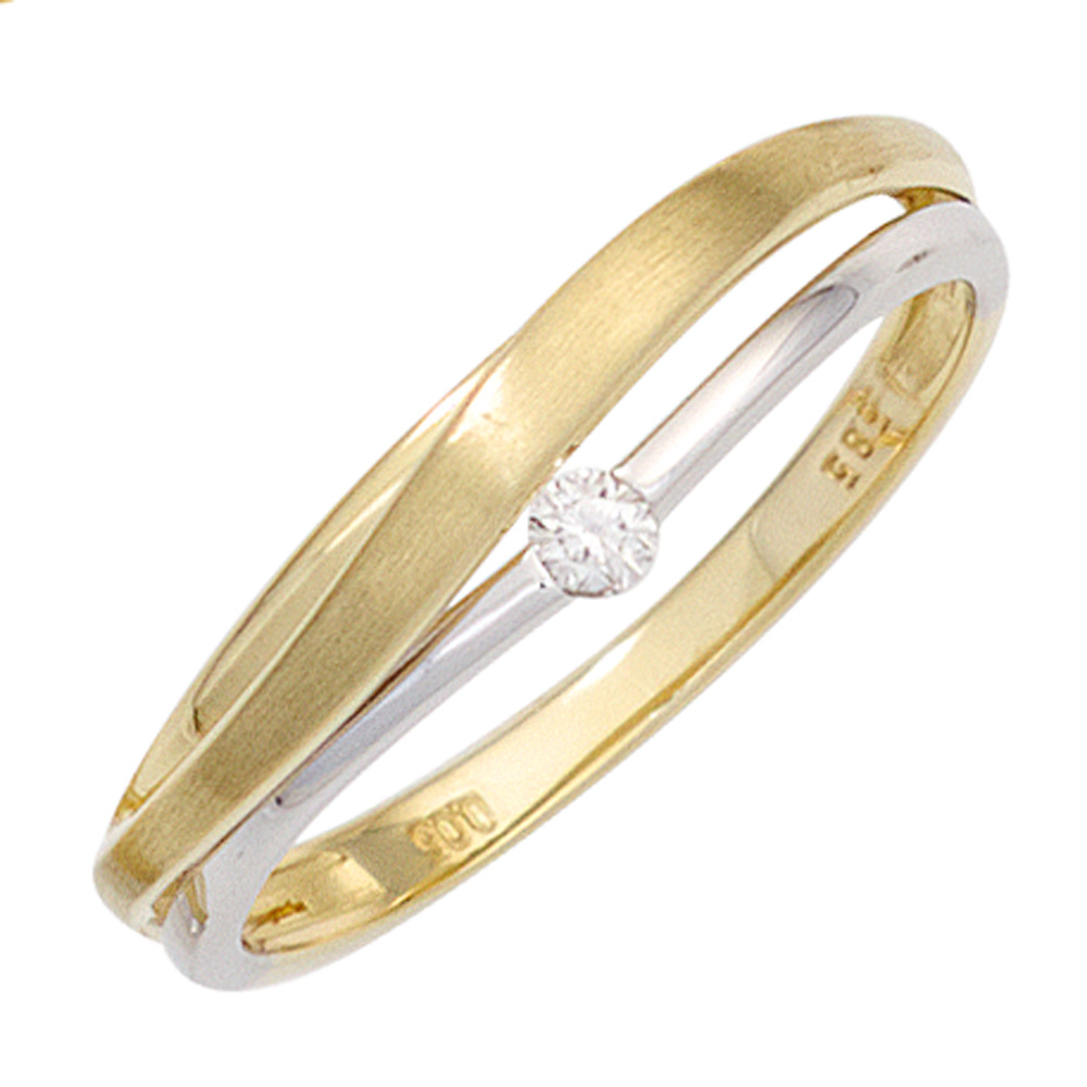 Damen Ring 585 Gold Gelbgold Weißgold bicolor matt 1 Diamant Brillant Goldring - 58mm
