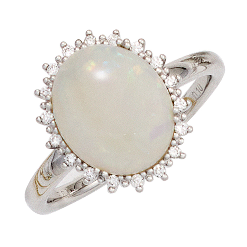 Damen Ring 585 Gold Weißgold 1 Opal-Cabochon 18 Diamanten Brillanten Opalring - 60mm