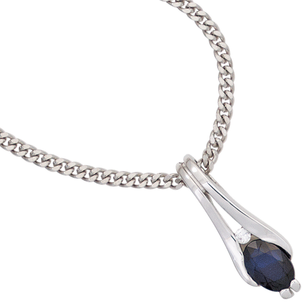 Anhänger 333 Gold Weißgold 1 blauer Safir 1 Diamant Brillant Goldanhänger