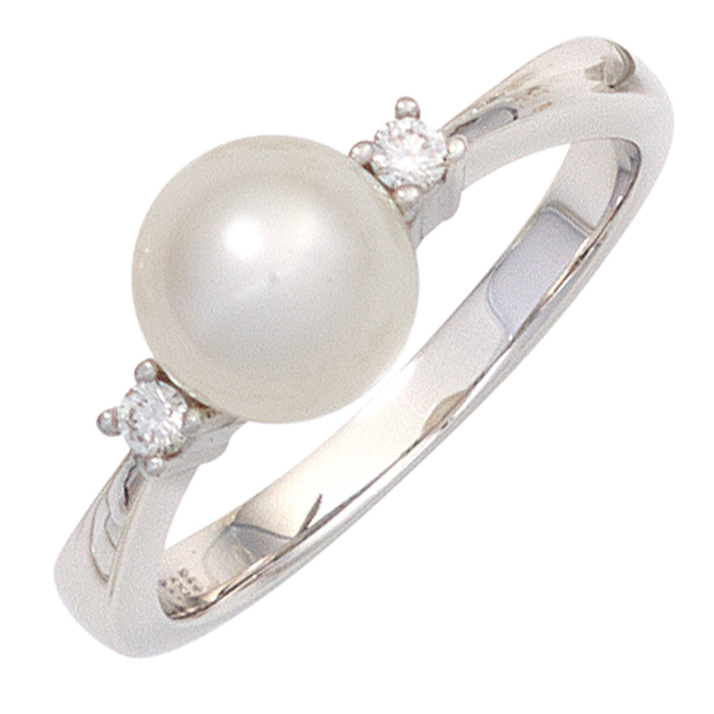 Damen Ring 585 Gold Weißgold 1 Süßwasser Perle 2 Diamanten Brillanten Perlenring - 52mm