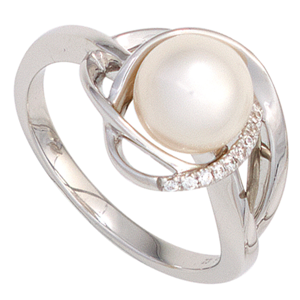 Damen Ring 585 Gold Weißgold 1 Süßwasser Perle 9 Diamanten Brillanten Goldring - 58mm