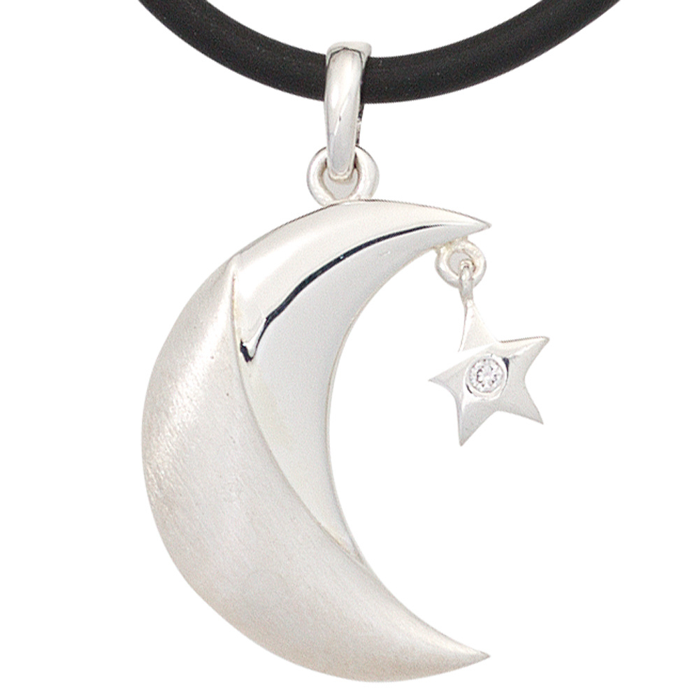 Anhänger Mond 925 Sterling Silber rhodiniert mattiert 1 Zirkonia