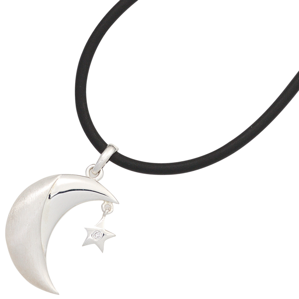 Anhänger Mond 925 Sterling Silber rhodiniert mattiert 1 Zirkonia