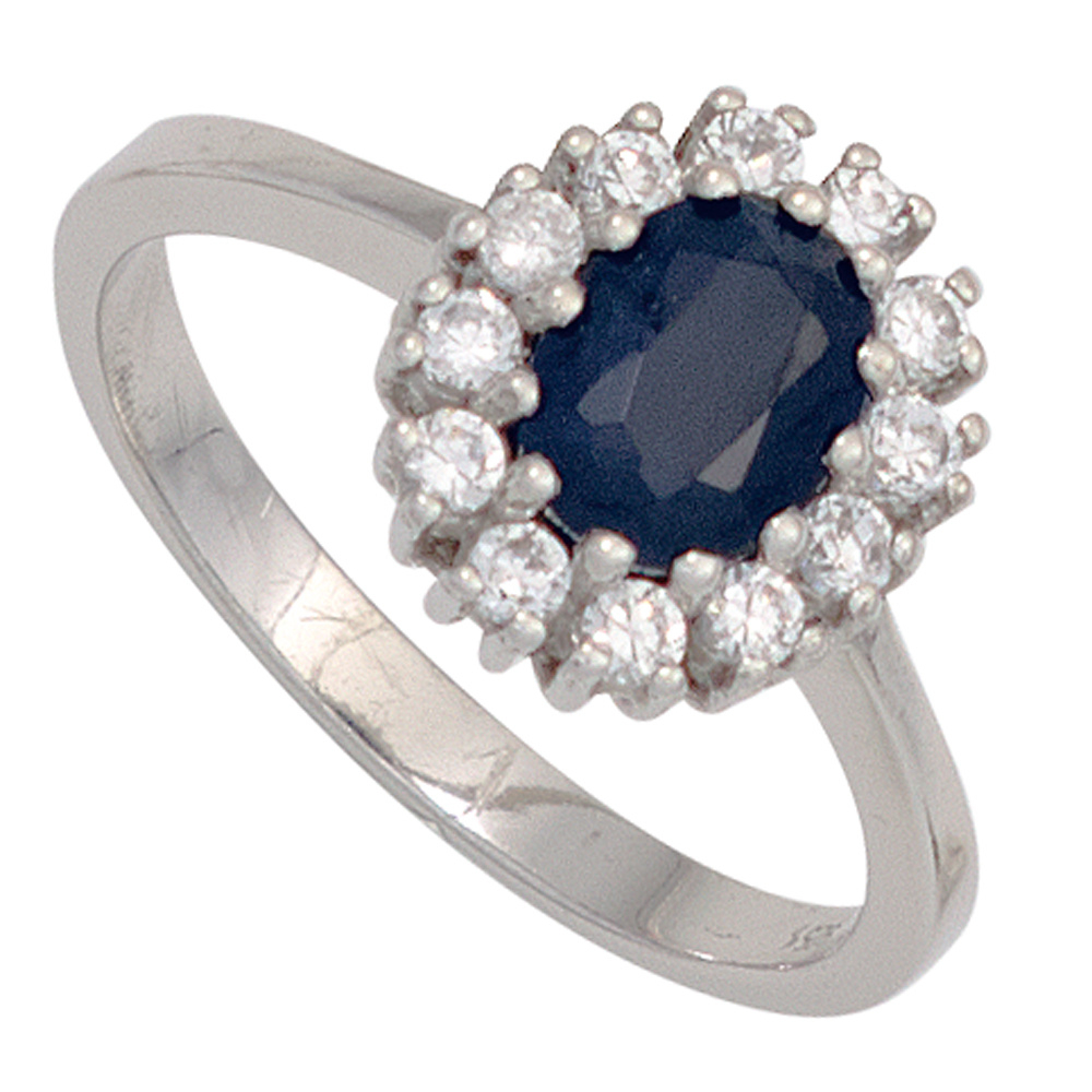 Damen Ring 925 Sterling Silber rhodiniert 1 Safir blau 12 Zirkonia Silberring - 50mm