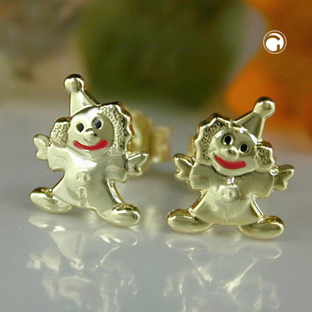 Stecker 8x6mm Clown glänzend farbig lackiert 9Kt GOLD