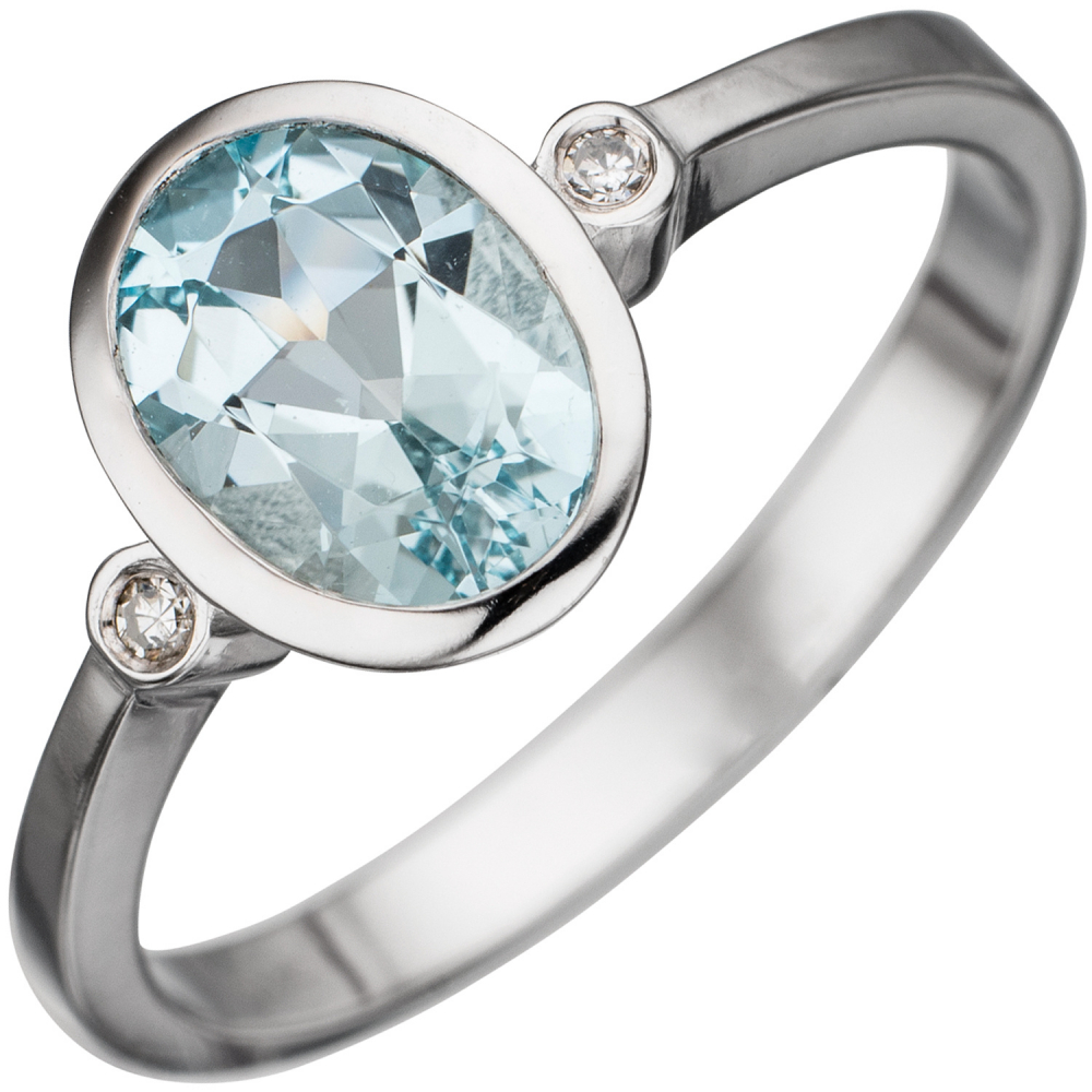 Damen Ring 585 Gold Weißgold 1 Aquamarin hellblau blau 2 Diamanten Weißgoldring - 54mm