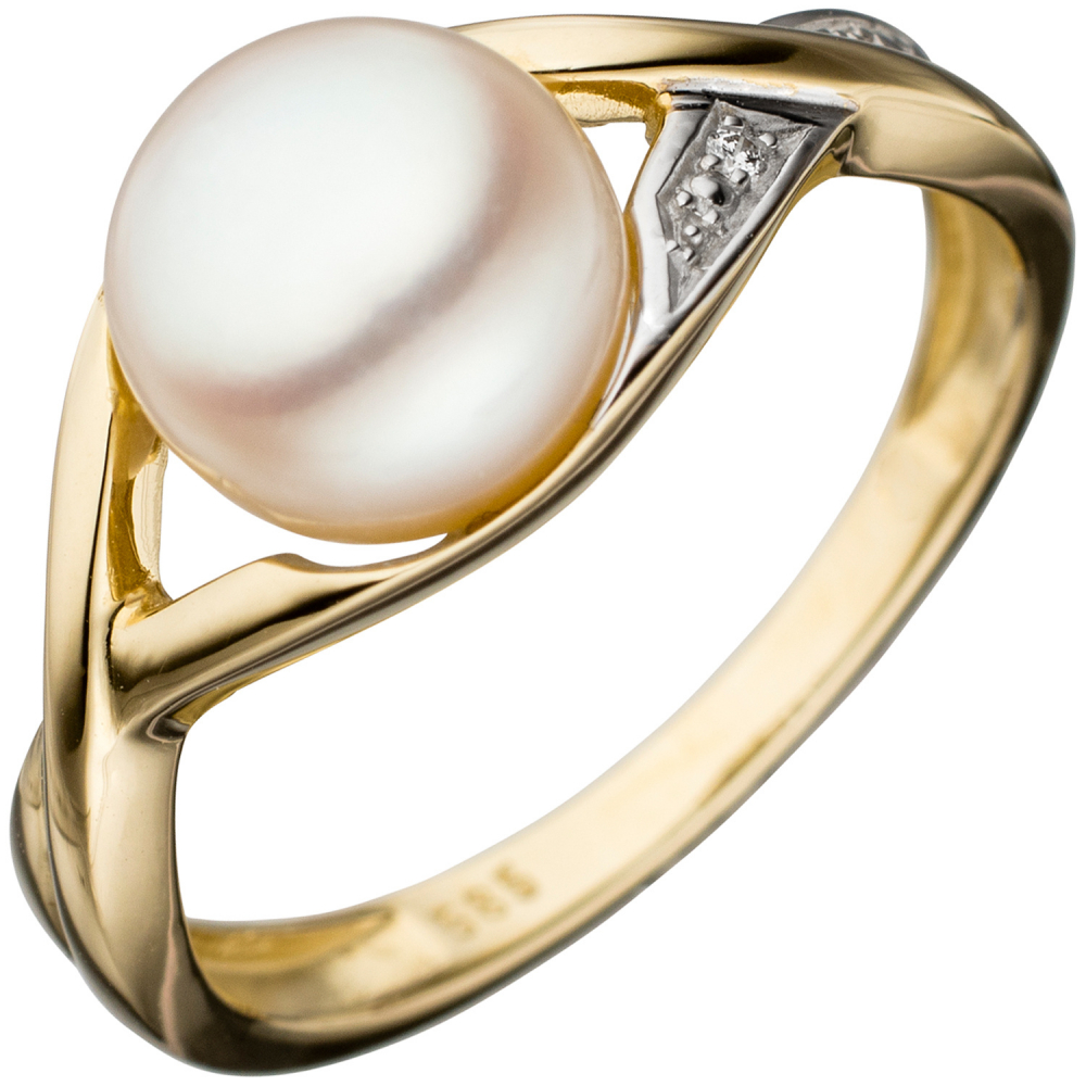 Damen Ring 585 Gold Gelbgold bicolor 1 Süßwasser Perle Goldring Perlenring - 60mm