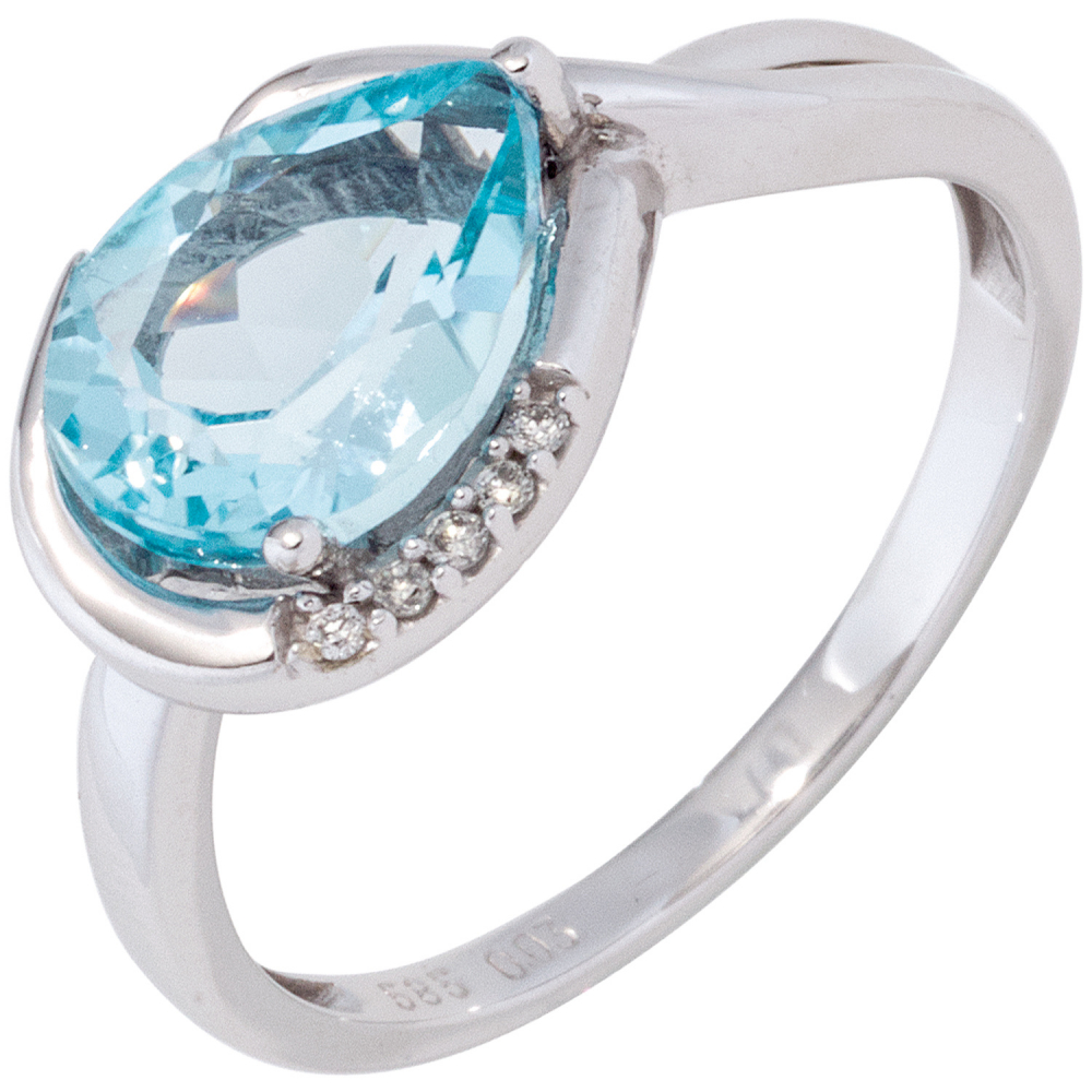Damen Ring 585 Gold Weißgold 1 Blautopas hellblau blau 5 Diamanten Brillanten - 60mm