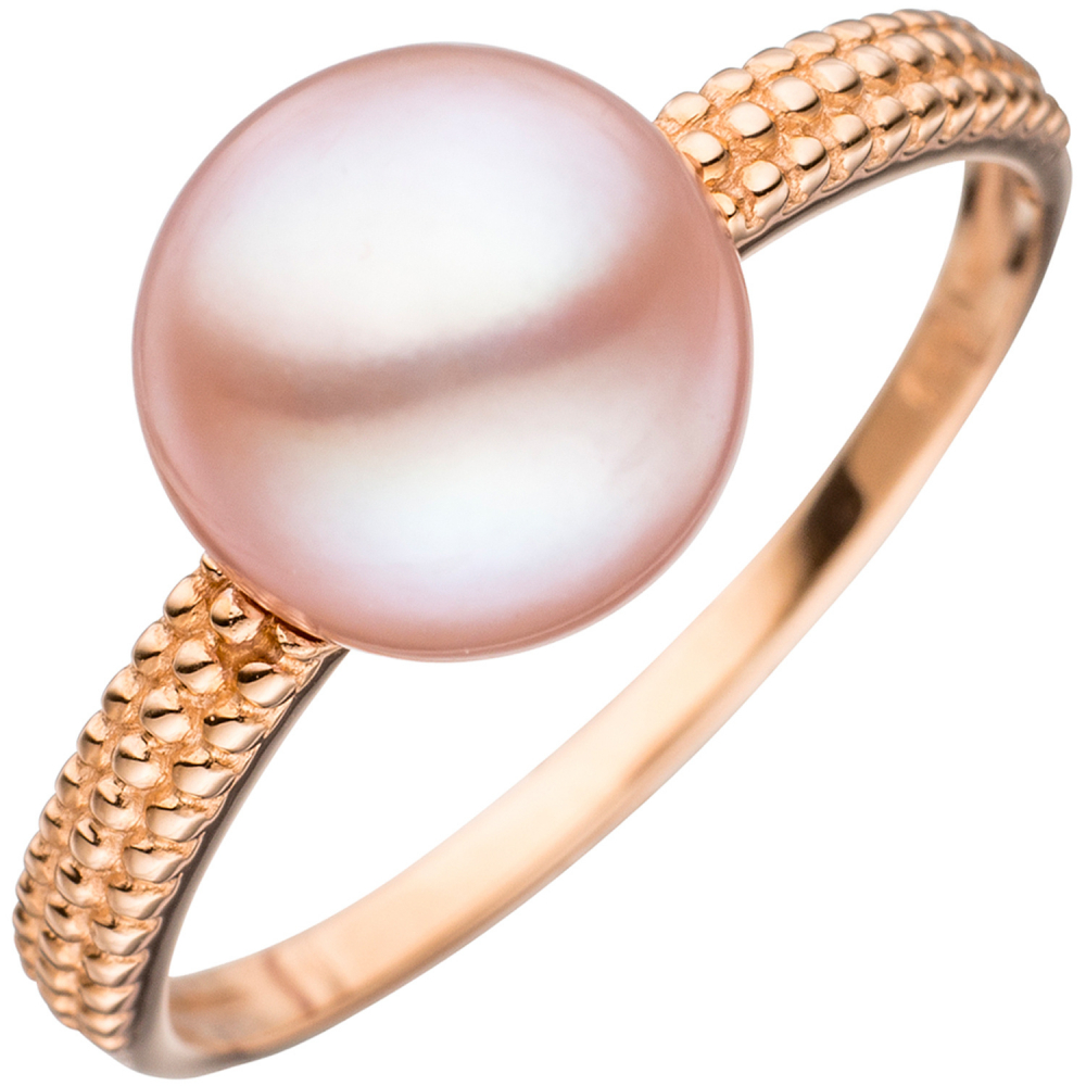 Damen Ring 585 Gold Rotgold 1 rosa Süßwasser Perle Goldring Perlenring - 58mm