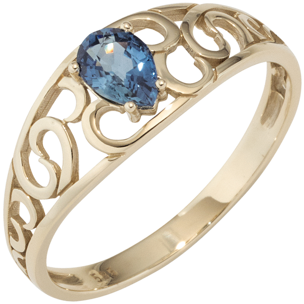 Damen Ring 585 Gold Gelbgold 1 Safir blau Goldring - 60mm