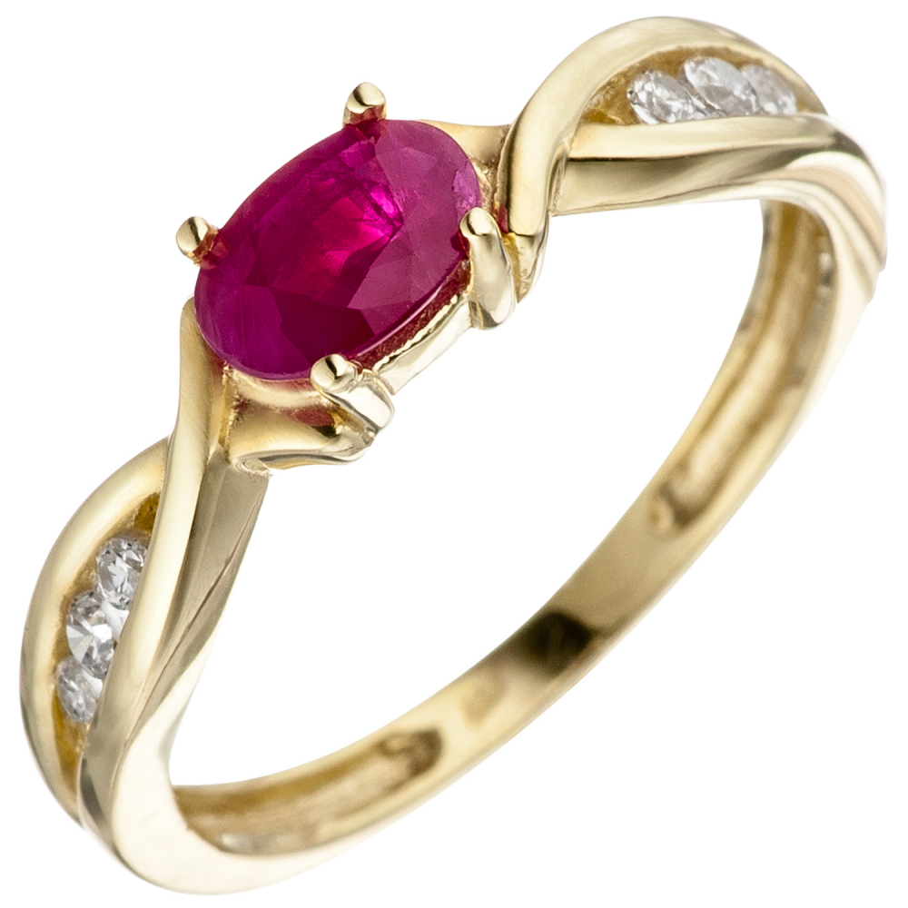 Damen Ring 333 Gold Gelbgold 1 Rubin rot 6 Zirkonia Goldring Rubinring - 56mm
