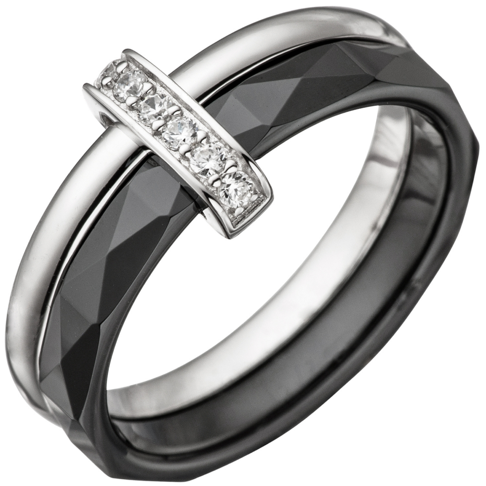 Damen Ring 925 Sterling Silber mit Zirkonia und Keramik schwarz Keramikring - 60mm