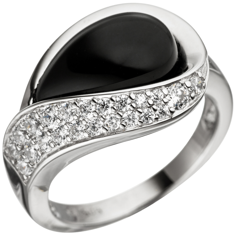 Damen Ring 925 Sterling Silber mit Zirkonia 1 Onyx schwarz Silberring Onyxring - 52mm