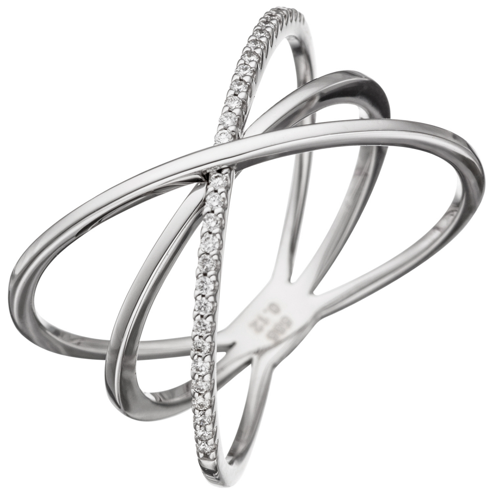 Damen Ring 3-reihig 585 Gold Weißgold 30 Diamanten Brillanten Weißgoldring - 58mm