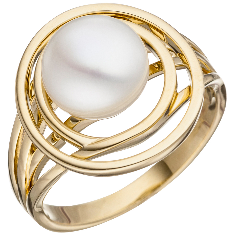Damen Ring 585 Gold Gelbgold 1 Süßwasser Perle Perlenring Goldring - 56mm