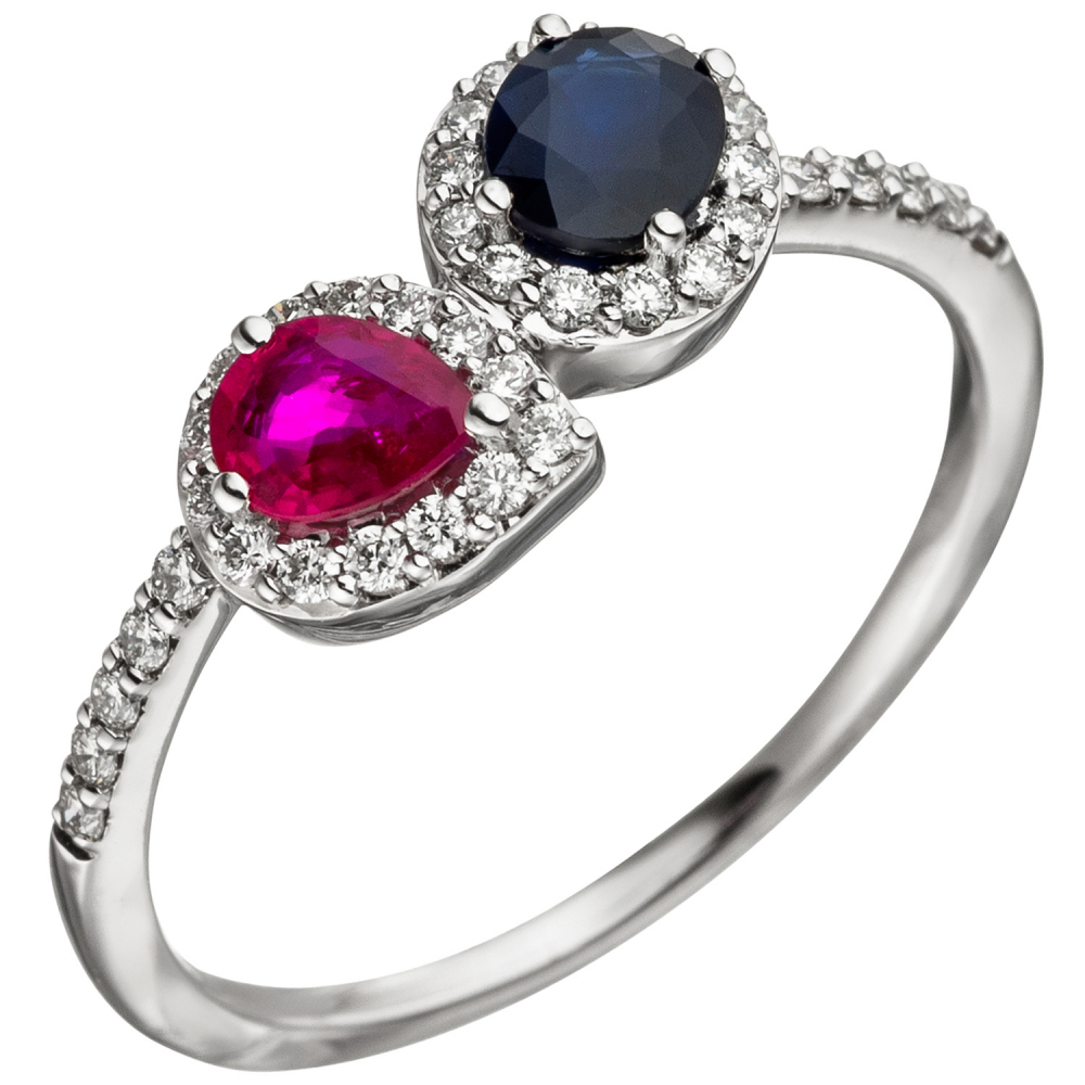 Damen Ring 585 Gold Weißgold 38 Diamanten Brillanten 1 Rubin rot 1 Safir blau - 54mm