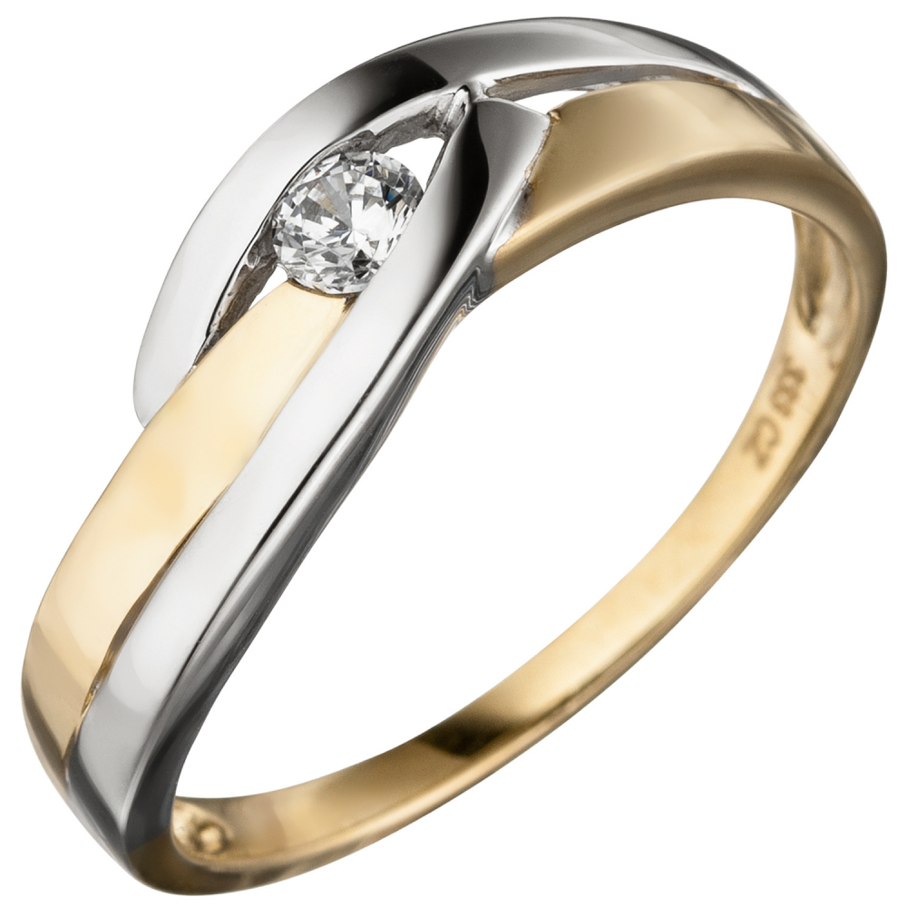 Damen Ring 333 Gold Gelbgold bicolor 1 Zirkonia Goldring - 56mm
