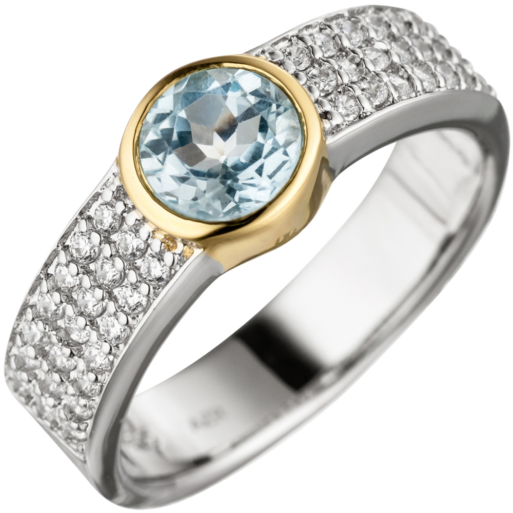 Damen Ring 925 Silber bicolor vergoldet 1 Blautopas hellblau blau mit Zirkonia - 56mm