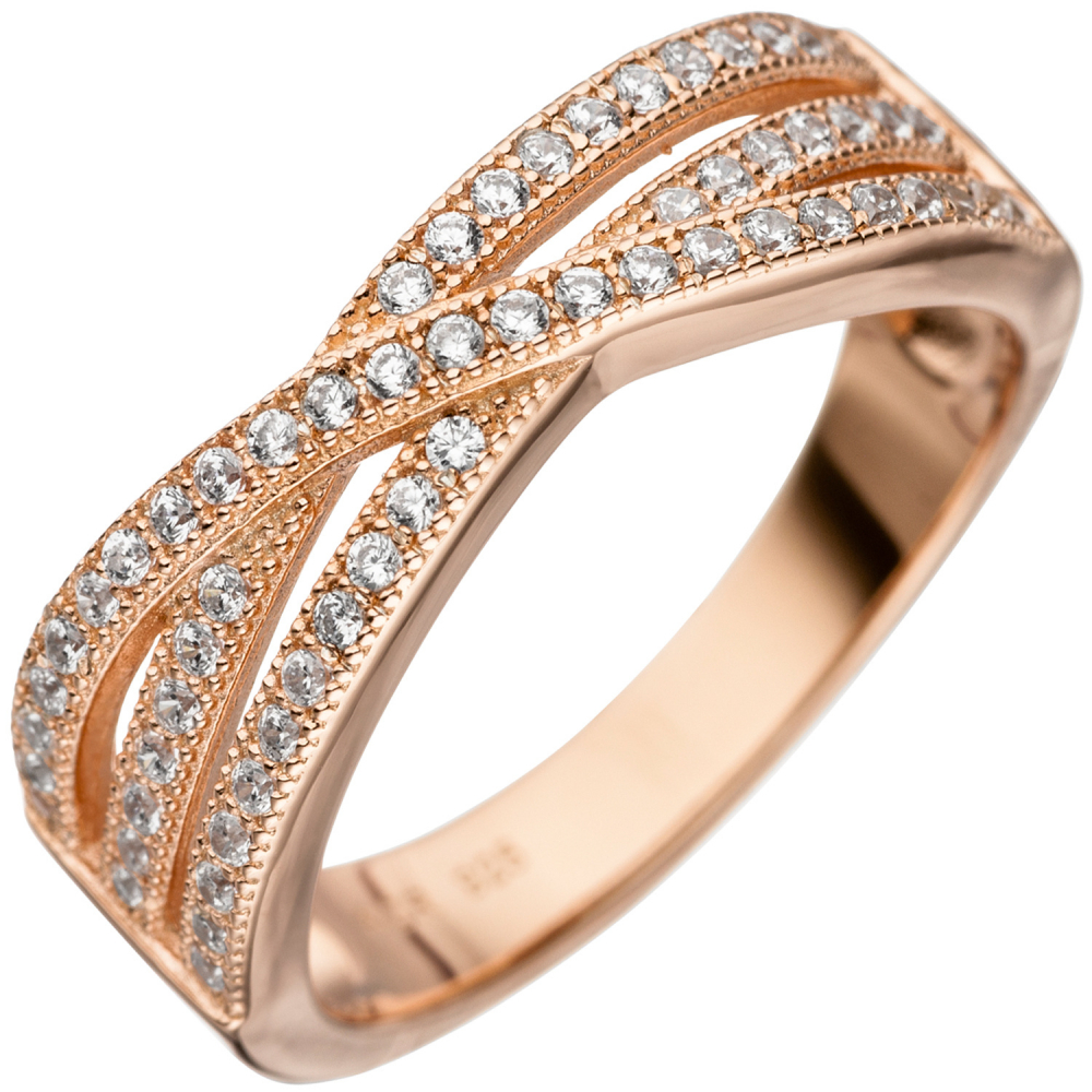 Damen Ring mehrreihig 925 Sterling Silber rotgold vergoldet mit Zirkonia - 54mm