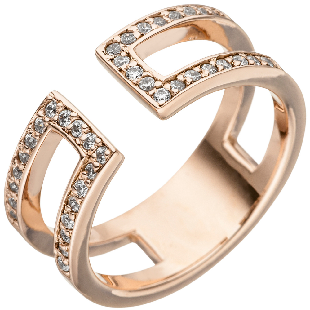 Damen Ring 2-reihig offen 925 Sterling Silber rotgold vergoldet 38 Zirkonia - 60mm