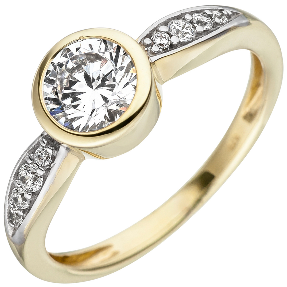 Damen Ring 375 Gold Gelbgold bicolor 9 Zirkonia Goldring - 60mm