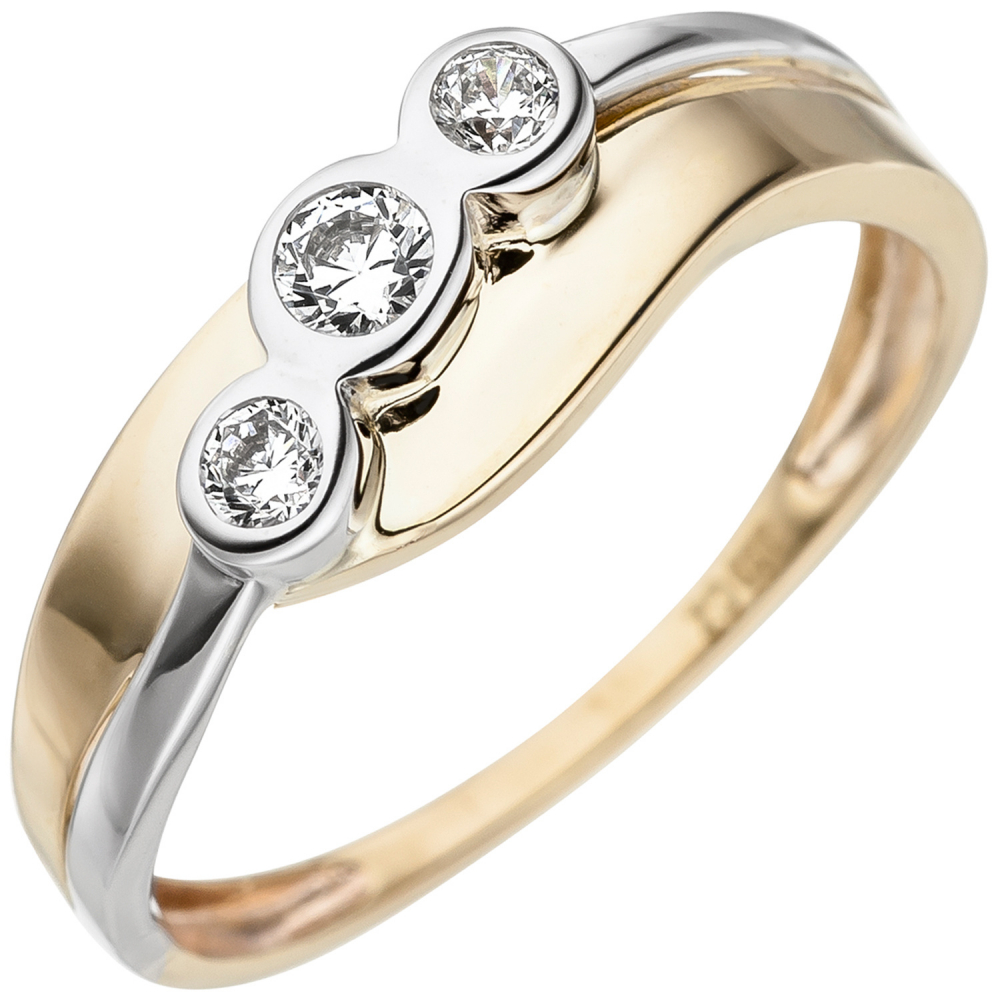 Damen Ring 333 Gold Gelbgold Weißgold bicolor 3 Zirkonia Goldring - 56mm